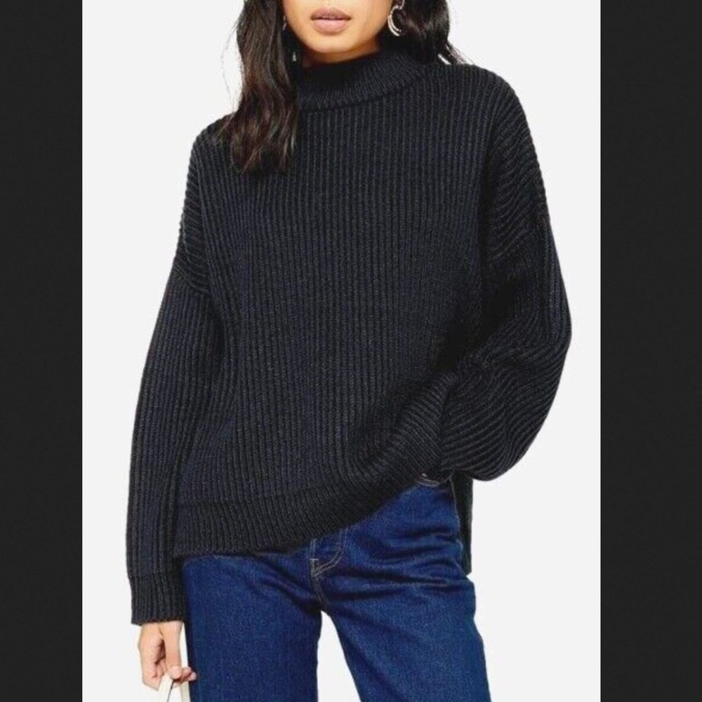 TOPSHOP Navy Mock Neck Chunky Ribbed Oversized Pullover Sweater Size 12